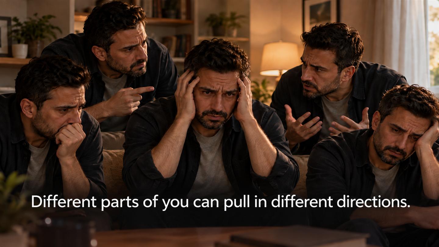 Different inner parts pulling a person in different directions.